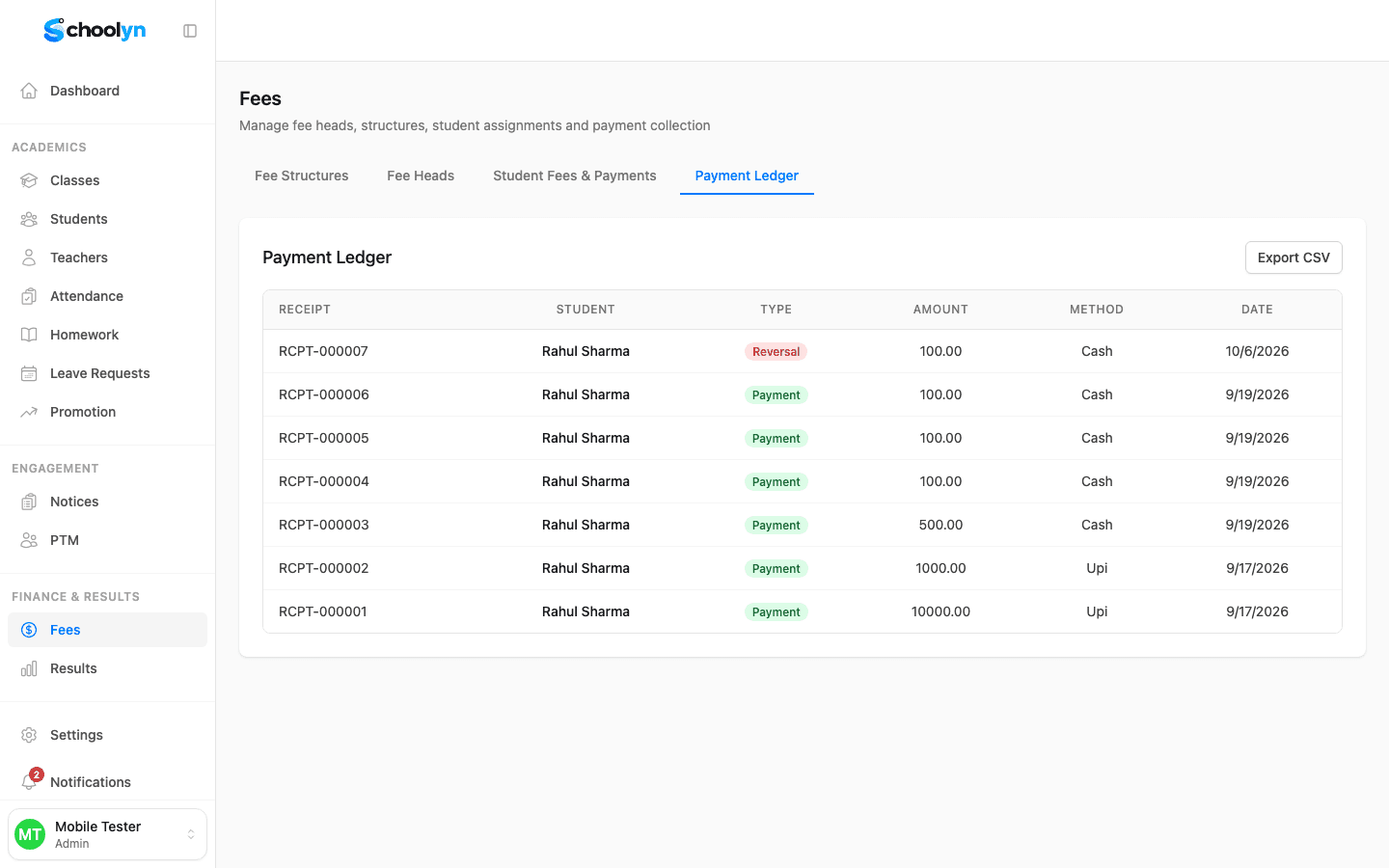 Fees payment ledger