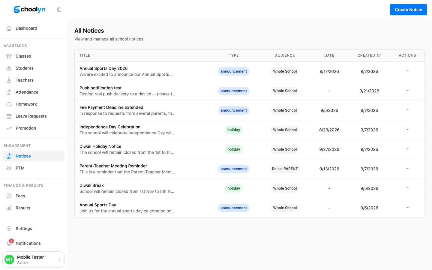 Notices screen