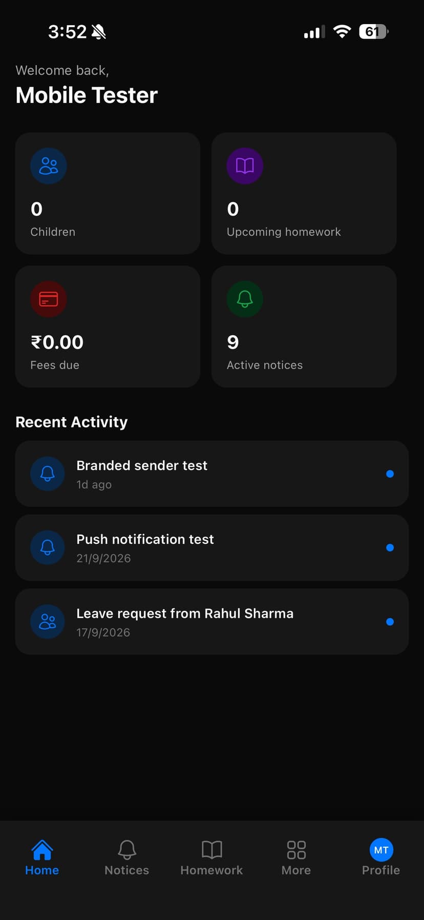 Mobile app parent dashboard