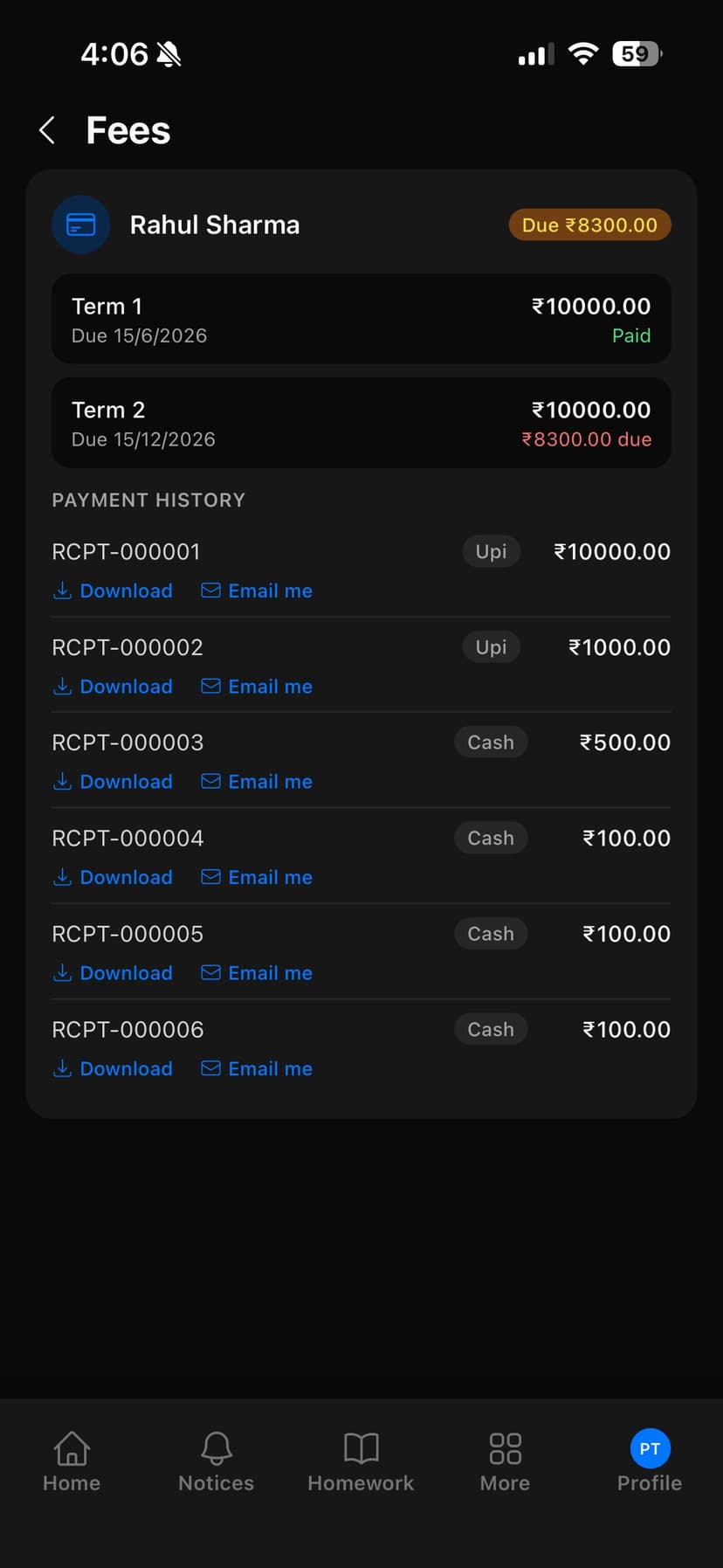 Mobile app fee payment history