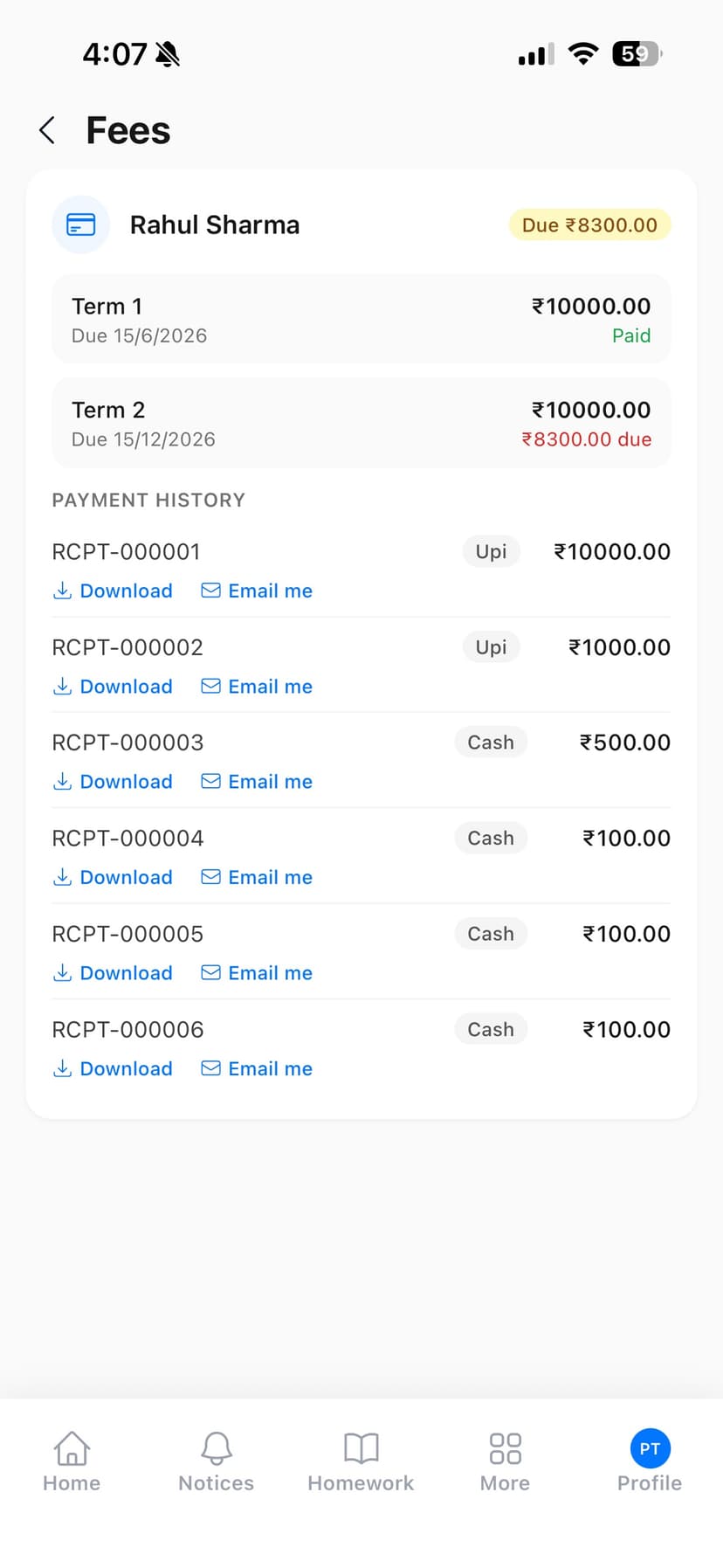 Mobile app fee payment history